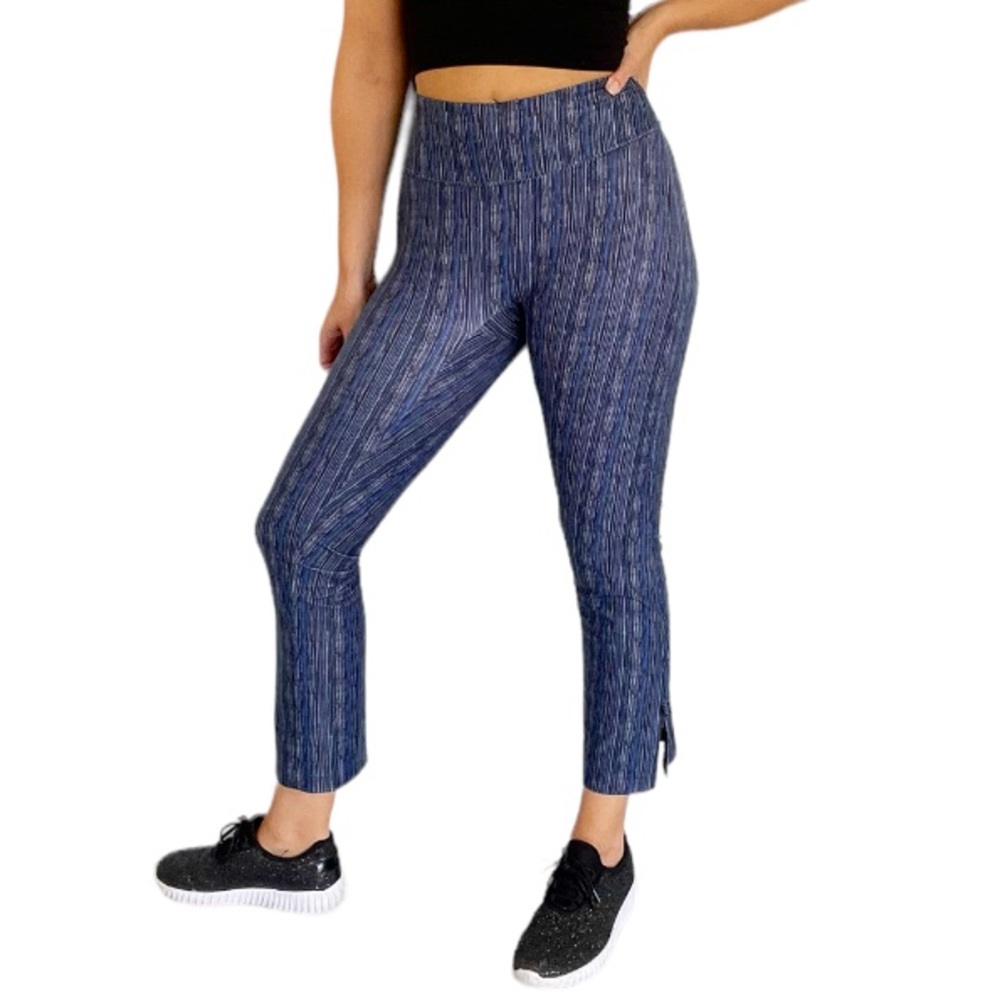 Bzees blue black stripe stretch capri length workout yoga leggings size XS